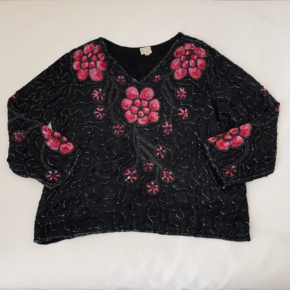 Vintage Beaded Top‎ Sz XL 100% Silk Black Pink Sequin Floral Fairy Dark Romantic